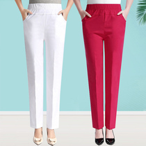 Mother summer pants thin section pure cotton middle aged summer high waist straight cylinder long pants loose casual tightness tightness waist and women pants