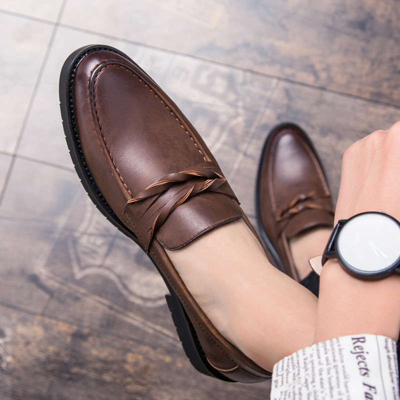 Loafers men's youth bright lazy business casual one pedal beanie leather shoes breathable hair stylist formal men's shoes