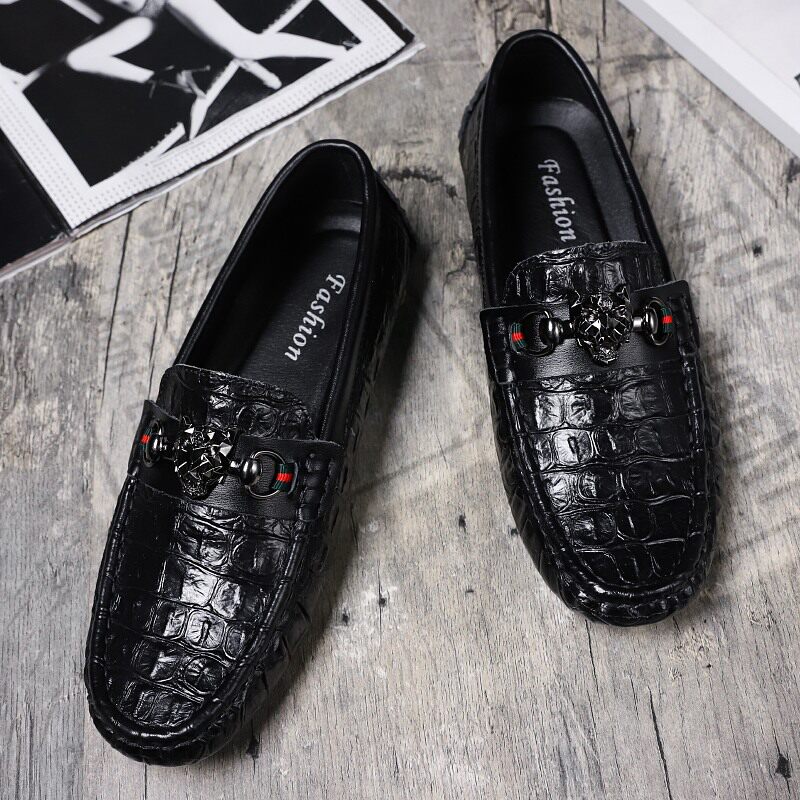 2022 Summer Beans shoes Men's Black Inn Men's casual leather shoes Inn shoes Korean version Trend Crocodile print genuine leather