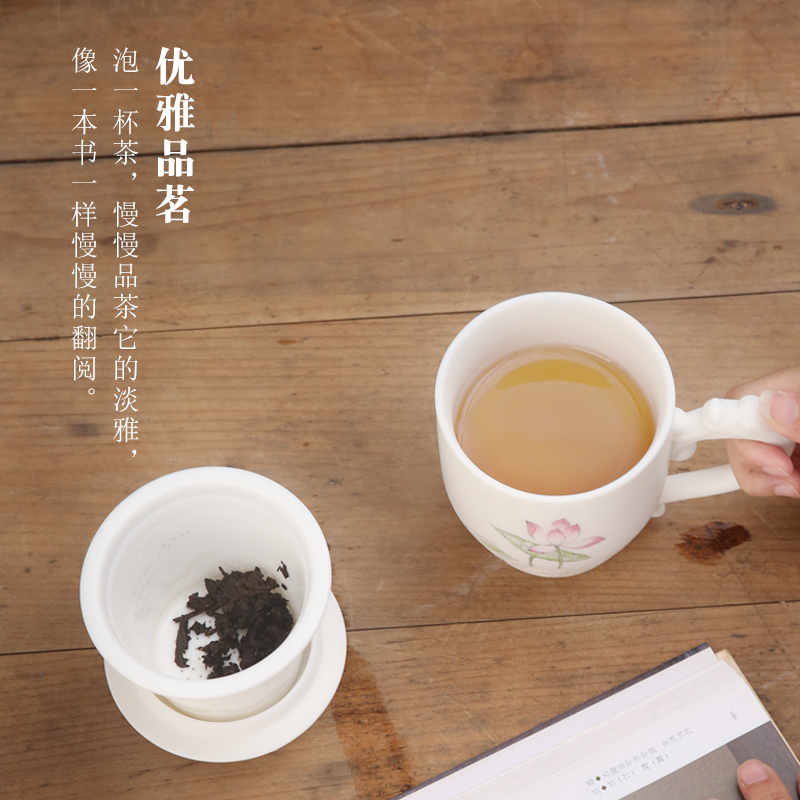 The Product porcelain sink Chinese dehua suet white jade lotus rhyme filter glass office cup with cover large porcelain tea cup