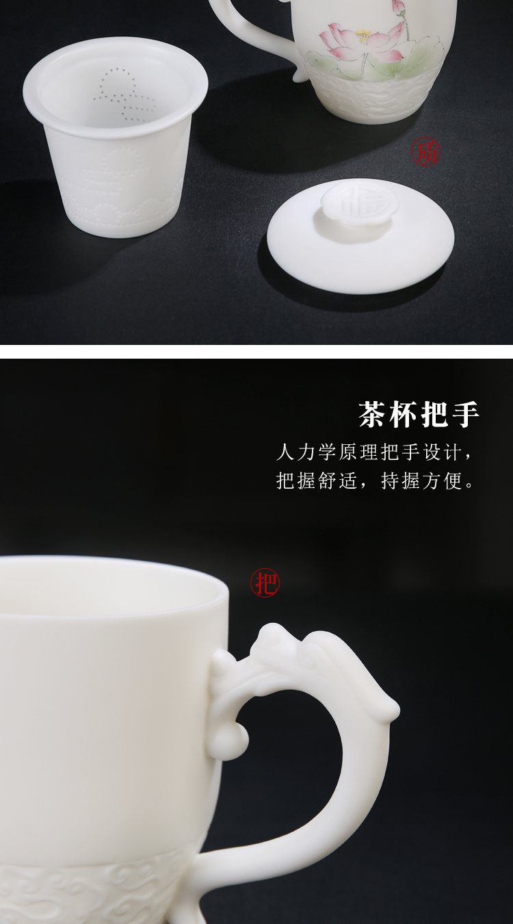 The Product porcelain sink Chinese dehua suet white jade lotus rhyme filter glass office cup with cover large porcelain tea cup