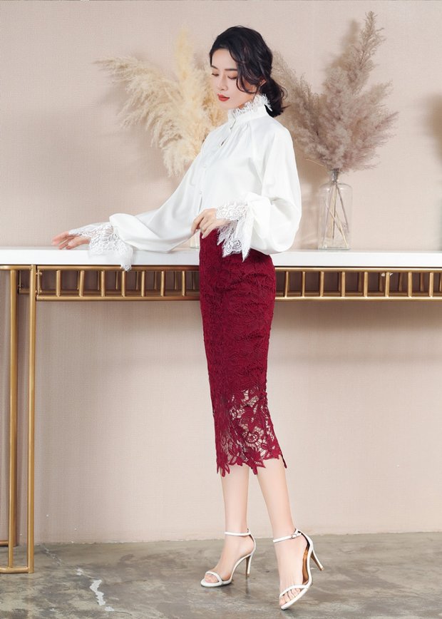 2019 mẫu xuân hè hoang dã váy ren mỏng của phụ nữ eo cao dài đoạn một bước váy rỗng túi hông váy - Váy chân váy trắng