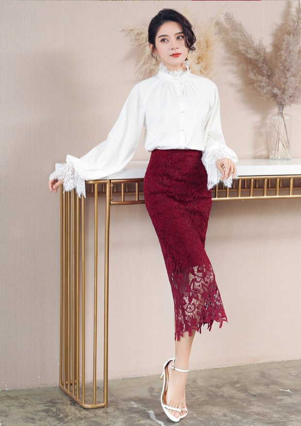 2019 mẫu xuân hè hoang dã váy ren mỏng của phụ nữ eo cao dài đoạn một bước váy rỗng túi hông váy - Váy chân váy trắng