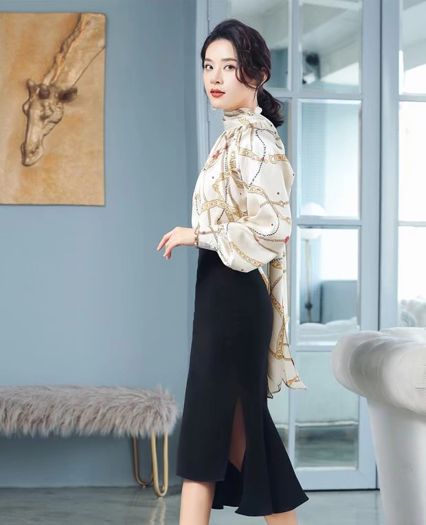 Áo sơ mi phong cách mới mùa xuân 2018 dài tay áo voan nơ ruy băng cộng với kích thước quần áo phụ nữ chuyên nghiệp Han Fan CV - Áo sơ mi dài tay