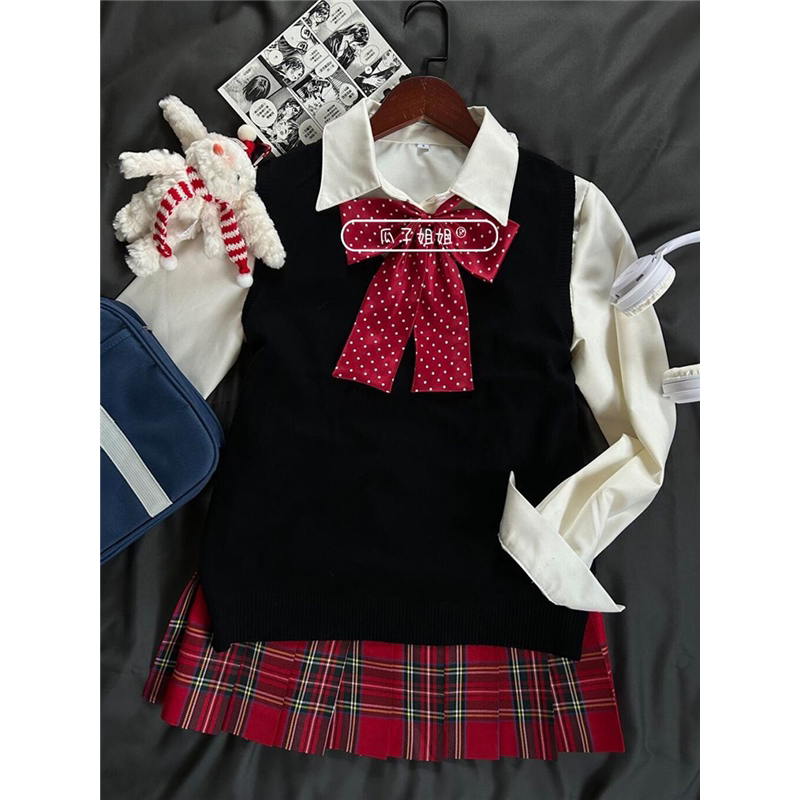 Plus-Size Women 100kg Extra-Large Size Jk Uniform Knitwear Sleeveless Vest Sweet Layered Top Shirt Plaid Skirt Set