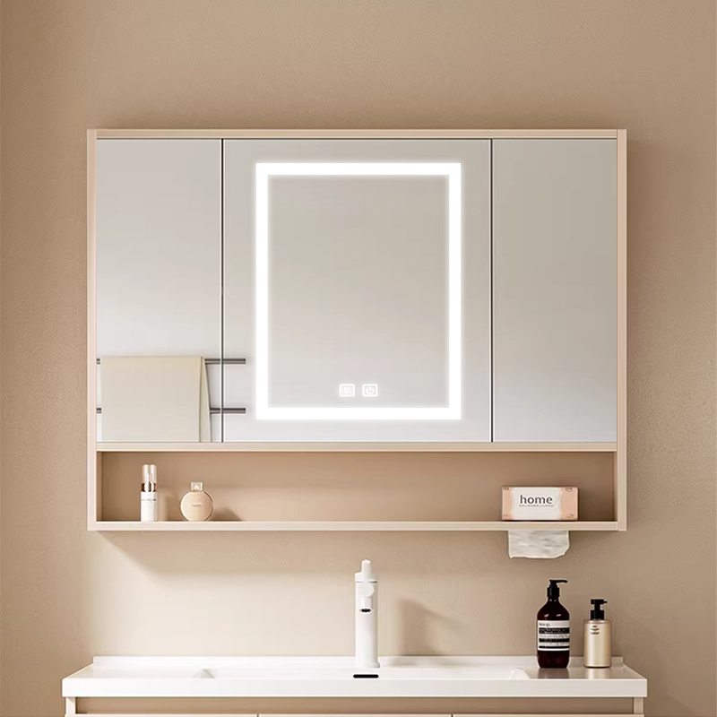 Cream-Colored Bathroom Hidden Folding Feng Shui Mirror, Paint-Free Solid Wood Sliding Door, Smart Built-In Mirror Cabinet