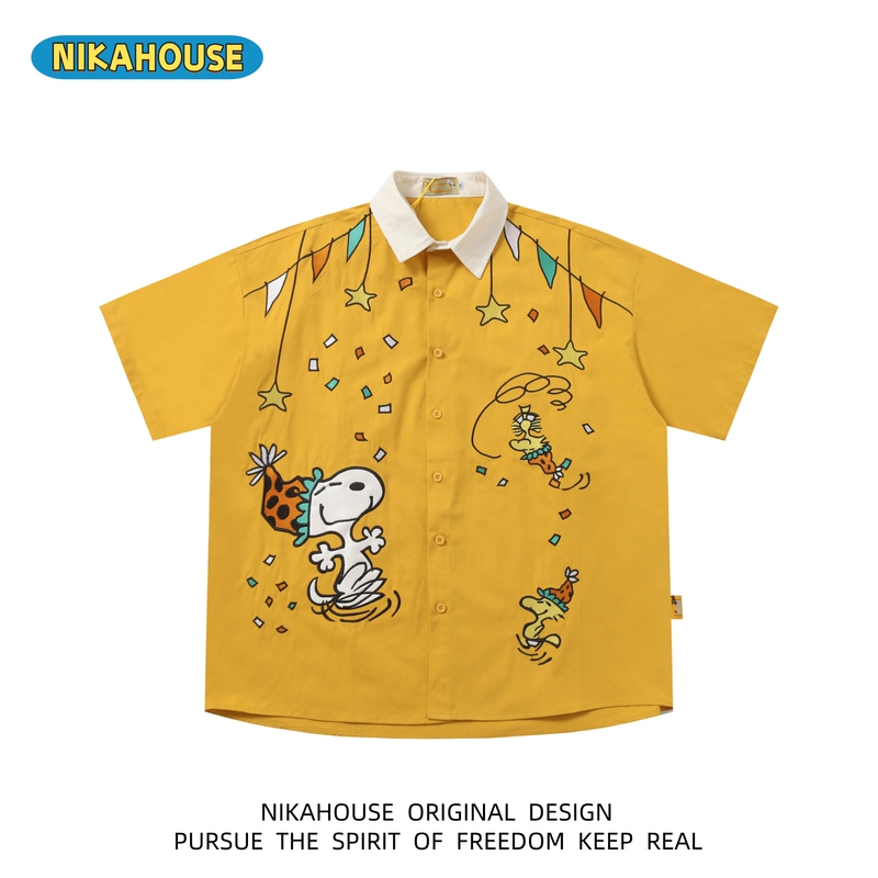 Nikahouse Cute Snoopy Cartoon Heavy Embroidery Summer Casual Loose Atmosphere Shirt