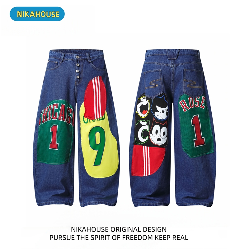 Nikahouse Celebrity Style Patchwork Denim Jeans with Cartoon Print, Wide-Leg Pants, Distressed Scimitar Long Pants, Trendy