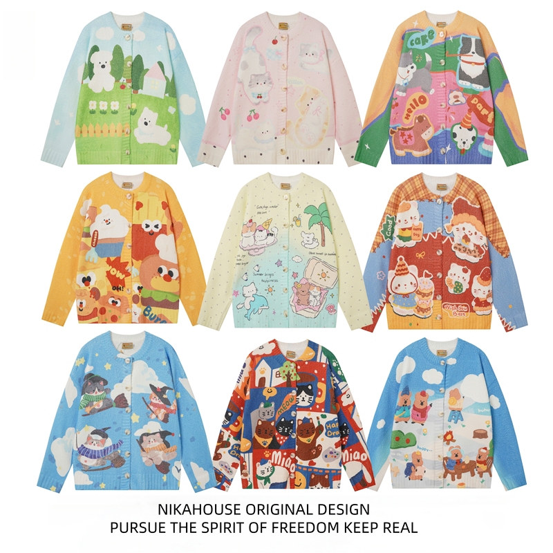 Nikahouse American Style Trendy Brand Cartoon Print Crew Neck Sweater for Women, Loose Casual Versatile Couple Knitwear for Men Nikahouse American Style Trendy Brand Cartoon Print Crew Neck Sweater for Women, Loose Casual Versatile Couple Knitwear for Men
