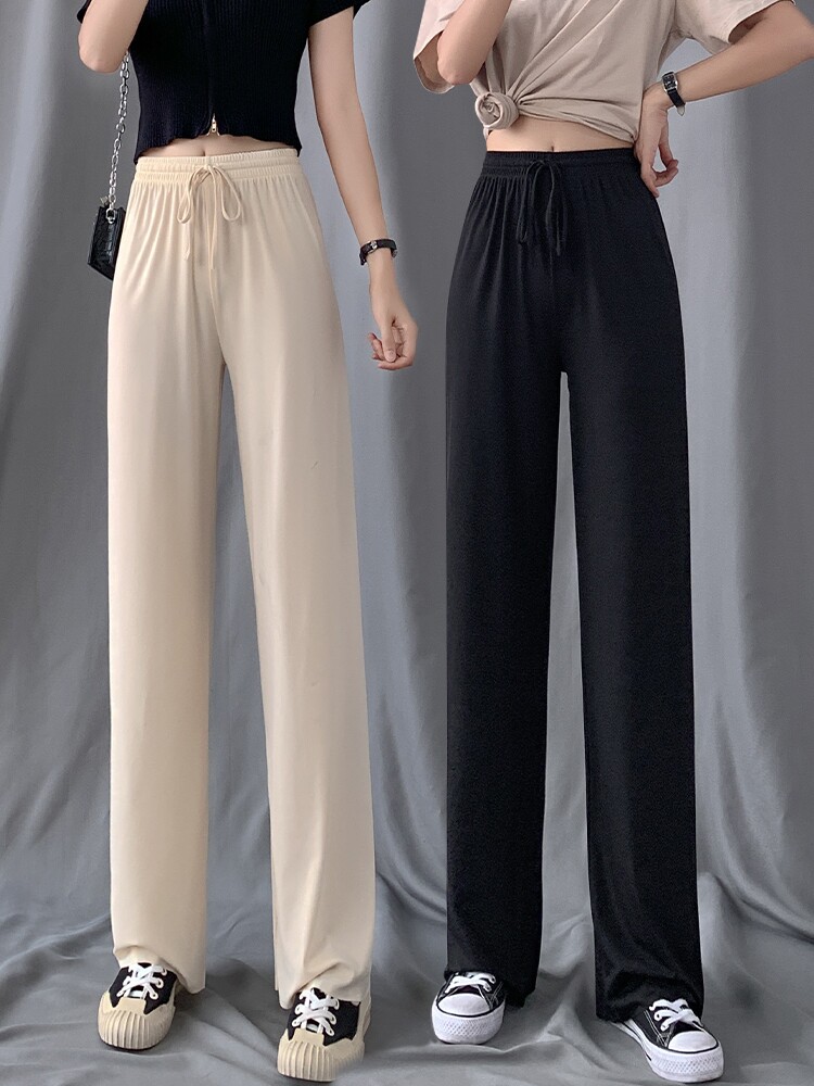 Ice silk wide leg pants for women with high waist and thin design, loose hanging feeling, black stripes, casual straight leg, hanging feeling, floor length pants