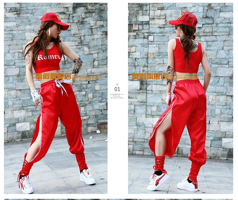 2019 thời trang mới giản dị chia đôi dây đeo màu đỏ hip hop quần thể thao phụ nữ lỏng lẻo quần harem jazz - Cộng với kích thước quần áo