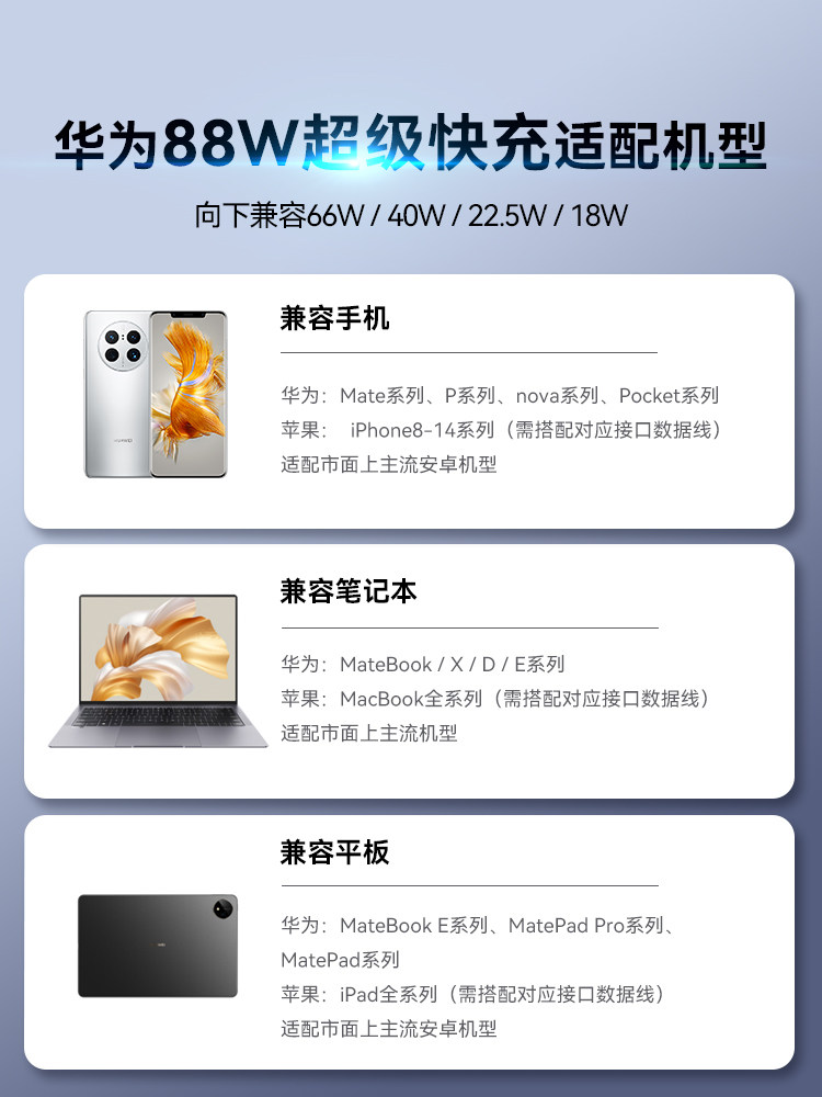 Huawei 88W All-In-One Charger Cable Original Genuine 66W Super Fast Charging Mate60/70Pro/50/40/30/P60/Pura70/X6X5 Original Official Flagship Phone Plug Set