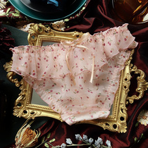 Sexy Underpants Female Japanese Sweet Cherry Printed Clear Chiffon Wood Ear Low Waist Transparent Thin Lady breifs