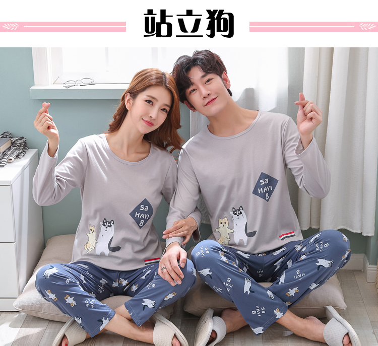 Mua một tặng một bộ đồ ngủ đôi miễn phí mùa đông Hàn Quốc mùa xuân và mùa thu cotton mỏng phần dài tay nam nữ phù hợp với dịch vụ gia đình đồ bộ thể thao nam