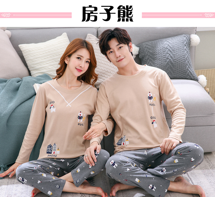 Phiên bản Hàn Quốc của bộ đồ ngủ đôi đáng yêu cotton dài tay mùa xuân và mùa thu mỏng phần cotton mùa thu nữ đồ ngủ nam