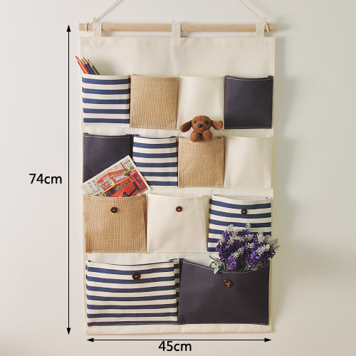 Dormitory hanging bag Cotton and linen storage bag Hanging storage bag Wall door finishing Super large grid blue strip storage bag