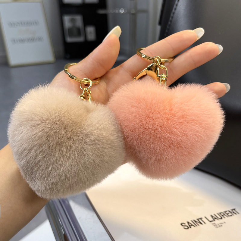 Real Rex Rabbit Fur Heart Keychain Furry Ball Pendant Cute Plush Bag Charm Keyring Heart-Shaped Small Pendant
