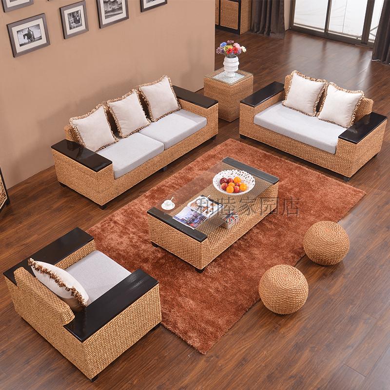 Solid Wood Sea Grass Rattan Sofa Trio Sofa Double Sofa Living-room Combo Small House Casual Fabric Hotel Sofa