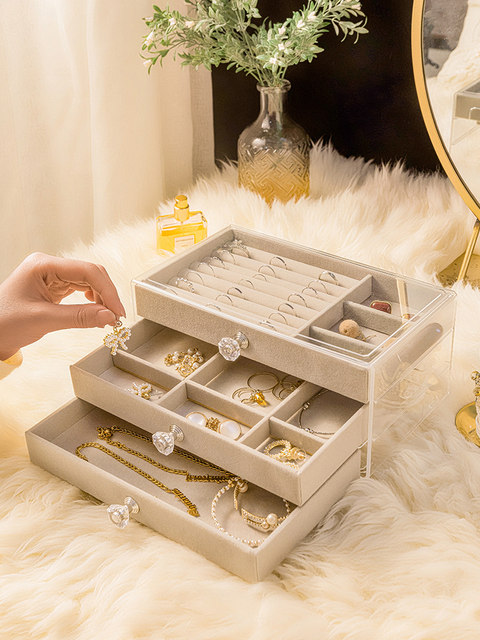 Jewelry storage box anti-oxidation earrings earrings necklace velvet acrylic high-end exquisite jewelry box artifact