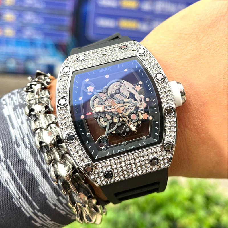 Richard Watch for Men, Hollow Design with Full Diamond Inlay, Same Model as Huang Zitao, Men's Automatic Mechanical Watch with Silicone Strap, Personalized Wristwatch