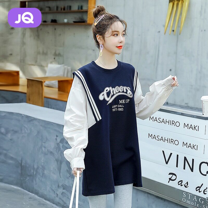 The Jing Kiri Gestational Woman Dress Foreign Dress 2022 Spring Autumn New thick cotton T dress Korean version Fashion loose large size Size Jacket Fake two