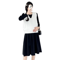Jingqi Maternity Autumn Dress Set 2024 New Fashion Pleated Skirt Autumn Vest Top Two-piece Set
