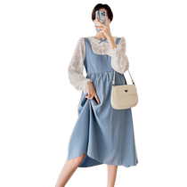 Maternity wear autumn wear 2024 new fashion lace splicing mid-length temperament slimming age-reducing fake two-piece dress