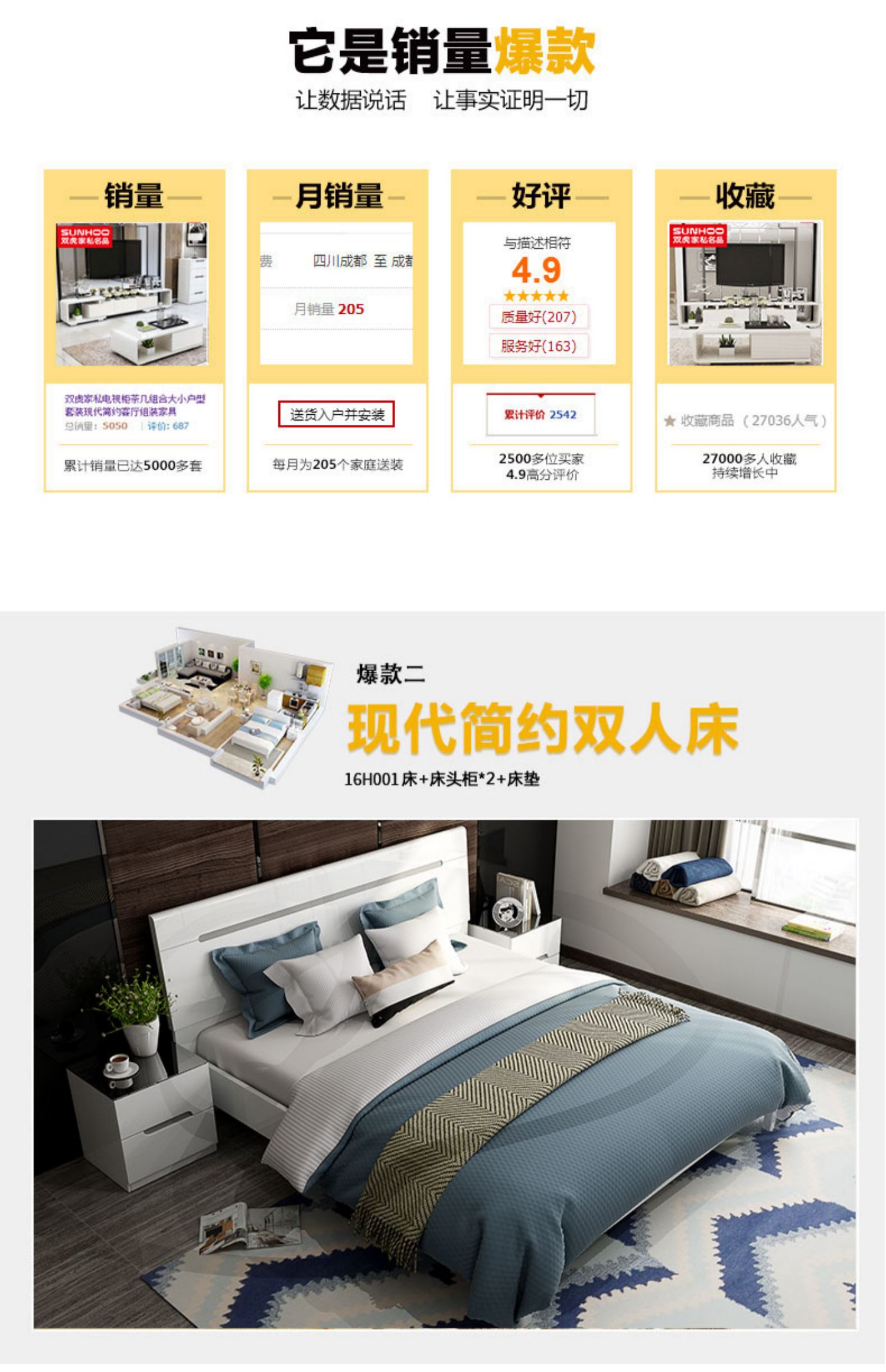 Nội thất đôi Tiger Nội thất toàn bộ nhà Hai phòng Một phòng khách Sofa Bàn cà phê Bàn kết hợp tủ giường - Bộ đồ nội thất giường ngủ