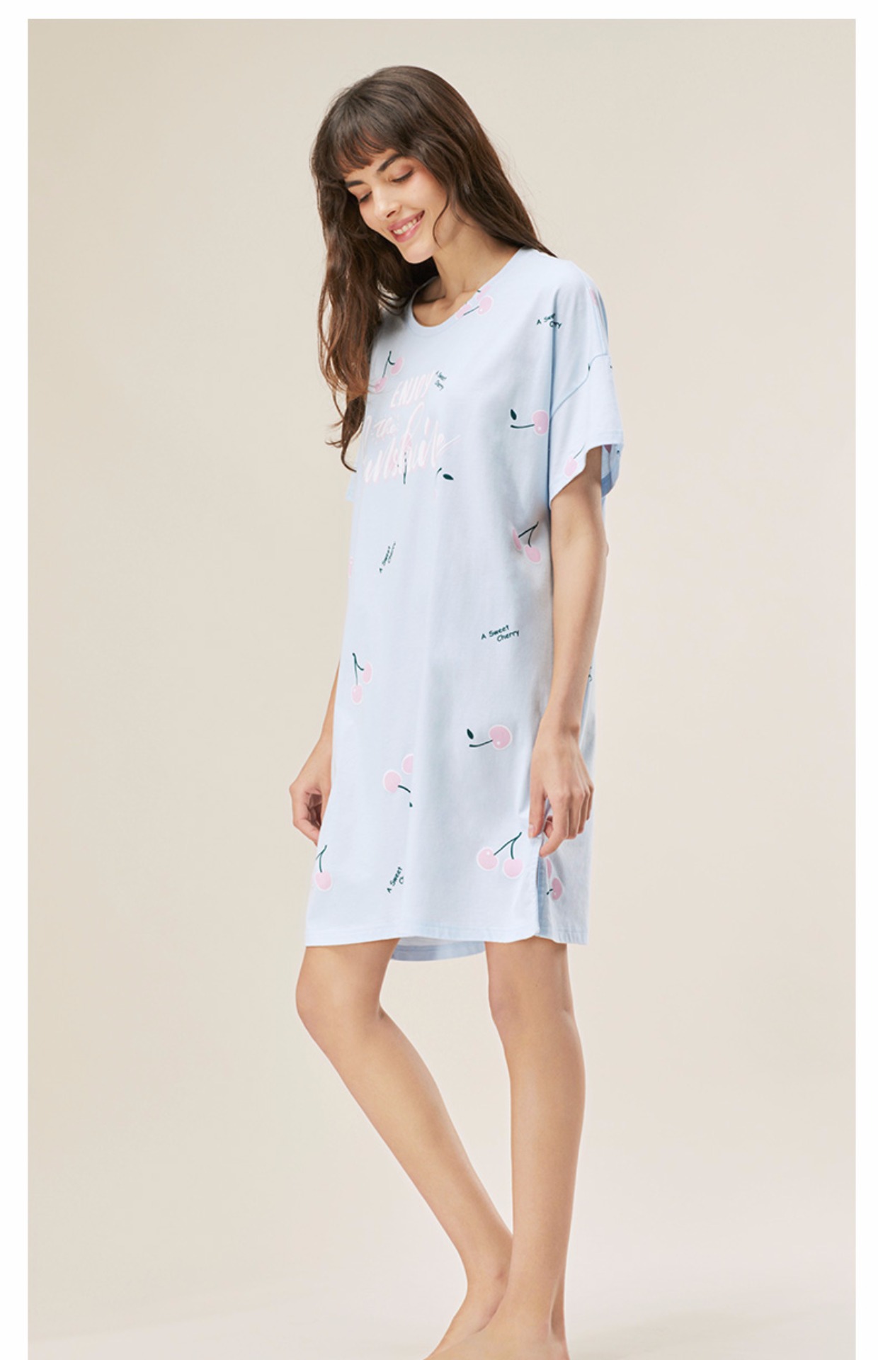 Ba tai thỏ nữ váy ngủ ngắn tay cotton trùm đầu đồ ngủ mùa xuân và mùa hè cotton dễ thương anh đào kích thước lớn phục vụ nhà nữ váy cho người trung niên