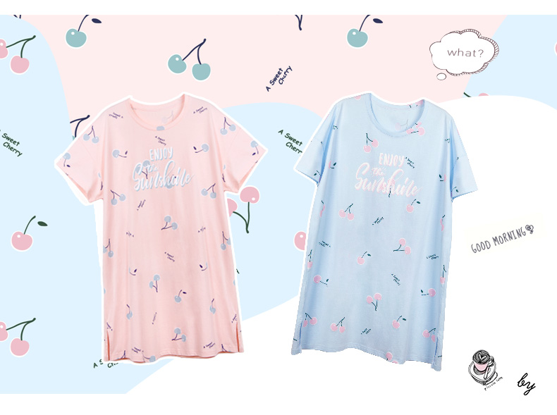 Ba tai thỏ nữ váy ngủ ngắn tay cotton trùm đầu đồ ngủ mùa xuân và mùa hè cotton dễ thương anh đào kích thước lớn phục vụ nhà nữ váy cho người trung niên