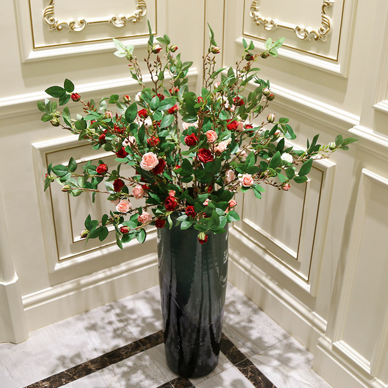 仿真絹花假花薔薇花束高品質長枝玫瑰花家居落地客廳裝飾品擺件