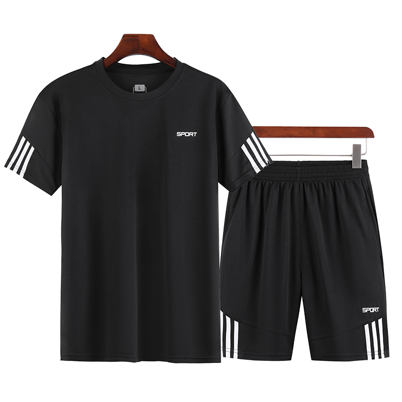 Sports Suit Men's Summer Casual Two-Piece Fitness Suit Morning Running Quick-Drying Clothing Loose Round Neck T-Shirt Short Sleeves