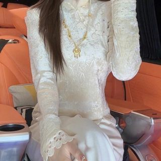 冬季加绒加厚新中式钻石盘扣衬衫R拼接蕾丝袖口国风打底上衣女装