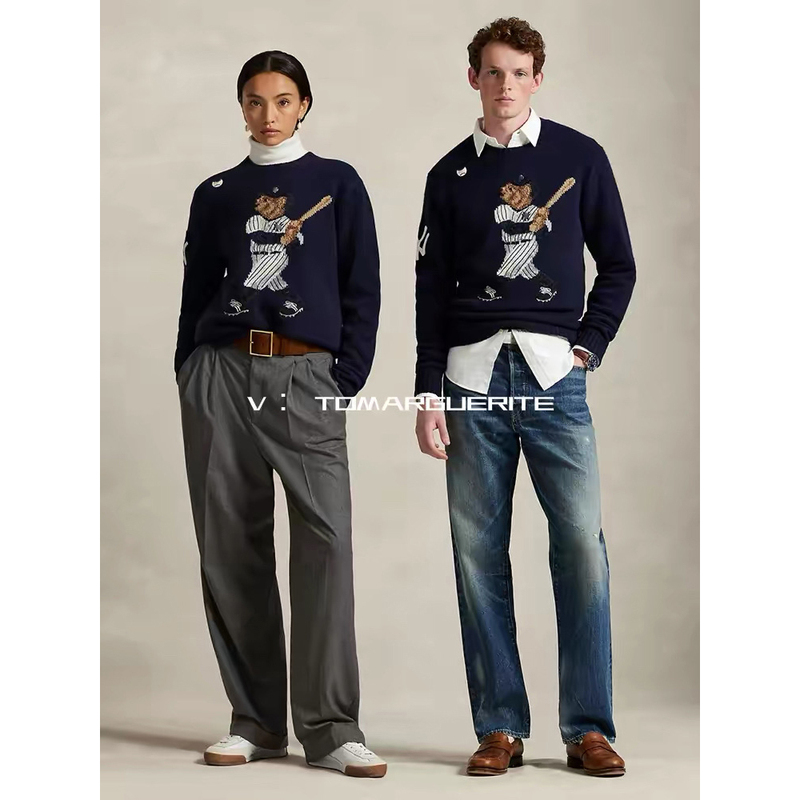 Marguerite Two-Color Unisex Couple Style Baseball Bear Crew Neck Pullover Knitted Sweater