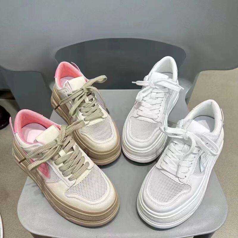 Baidiao White Carved Leather Shoes for Women, 4cm Low Heel, Leather and Mesh Casual Sports Women's Breathable Mesh Shoes