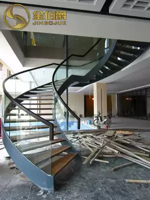 King Earl rotating staircase curved custom glass guardrail indoor double beam steel wood whole villa attic duplex