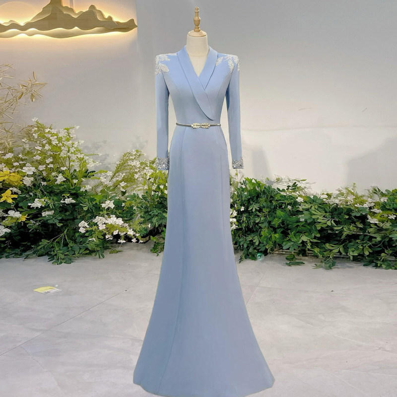 Blue Hostess Dress, Dignified and Elegant, Long-Sleeved Evening Formal Occasion Broadcasting Suit Dress, High-End Performance Clothing
