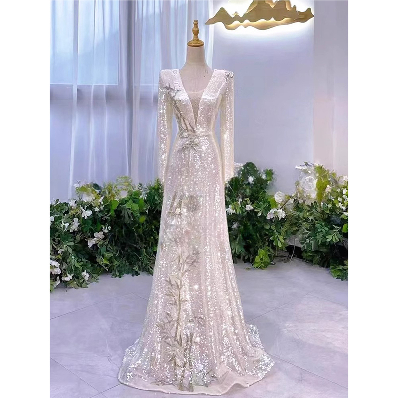Silver Sequin Evening Dress, High-End, Light and Niche, Annual Meeting Host, Chinese Style, Bamboo Leaf, Vocal Arts Exam Performance Dress, Long Sleeves