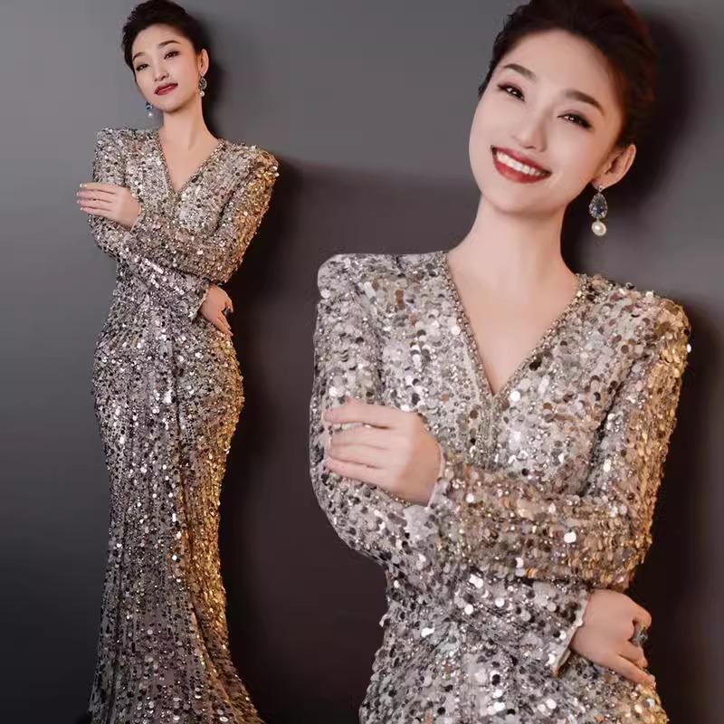 Sequined Host Evening Dress for Women, High-End 2026 New Long-Sleeved Banquet Elegant Socialite Fishtail Dress Performance Costume