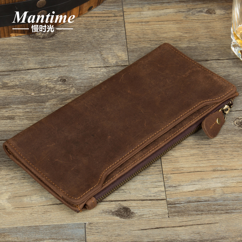 Slow Time Men's Vintage Crazy Horse Leather Long Wallet Genuine Leather Zipper Wallet Multi-Card Slot Women's Wallet Clutch Bag