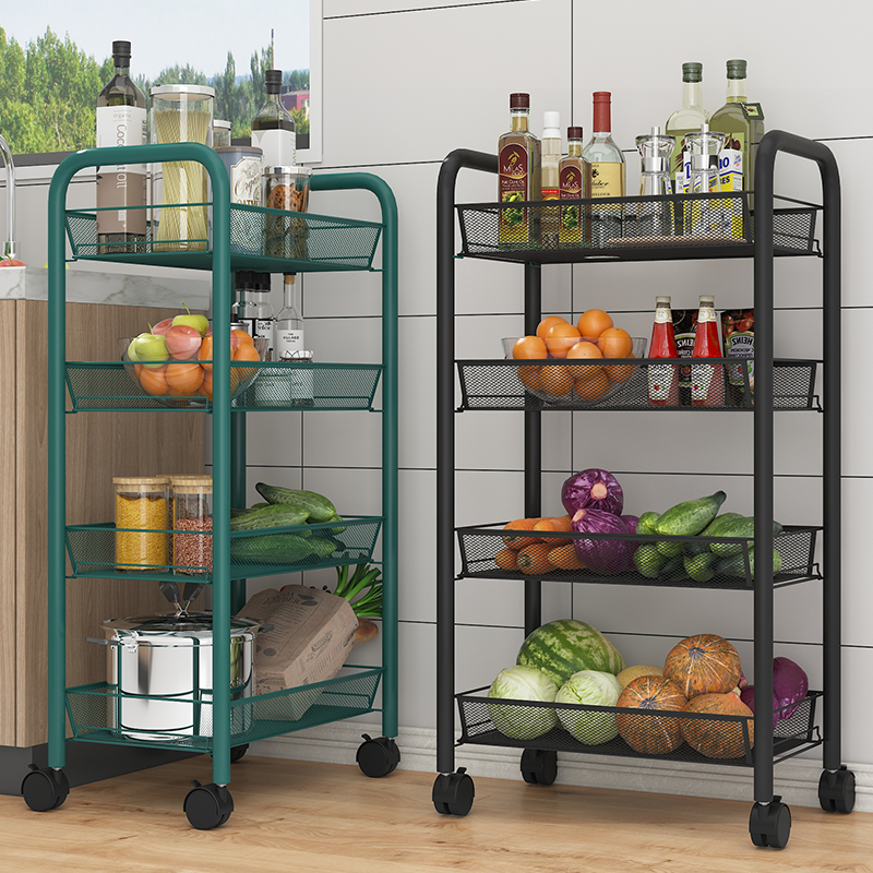 The kitchen shelves are floored multi-storey household trolleys that can be moved to store storage shelves for fruit and vegetable supplies