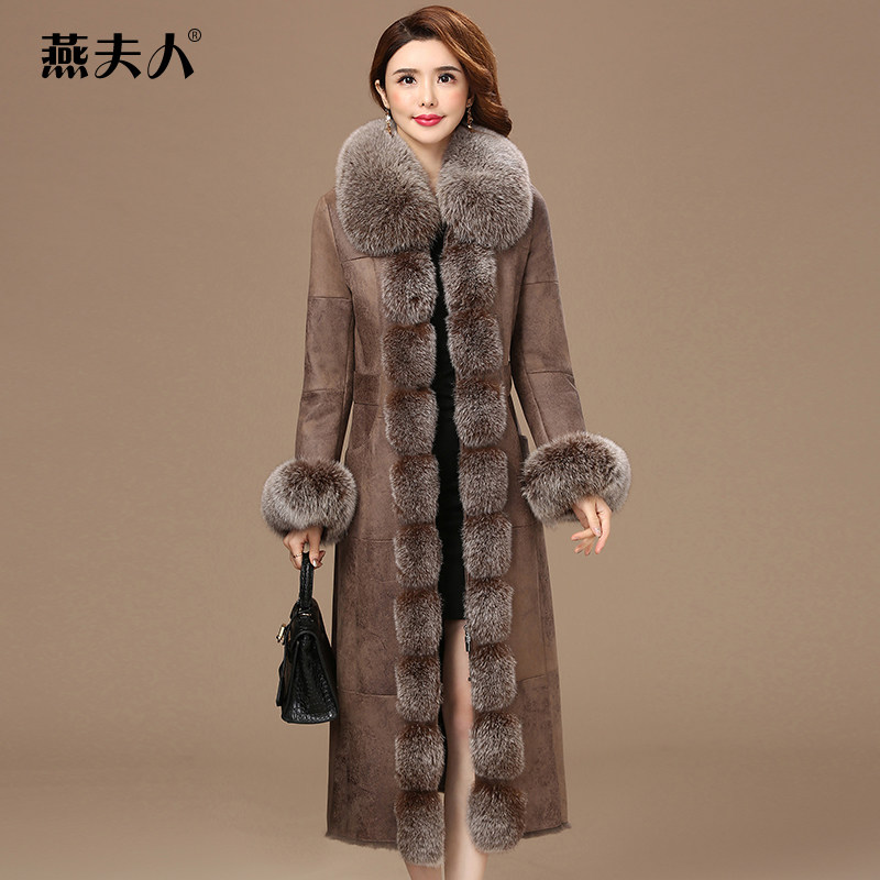 Lady Yan's fur integrated female 2018 Winter fit new fox fur collar Hainen genuine leather grass female medium long version coat