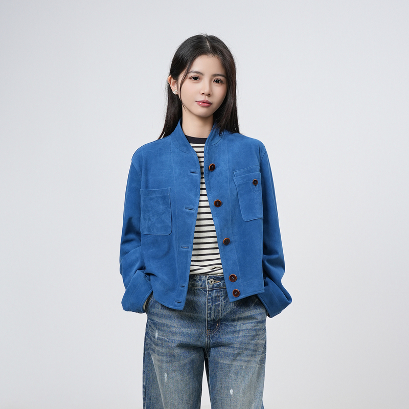 2026 New Style Suede Leather Jacket for Women, Short Stand-Up Collar, Sheepskin Integrated Loose-Fitting Jacket, Fashionable and High-End