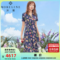 MORELINE Mulan 2019 mall with the same summer new pint slim V neckline with printed short sleeve one-piece dress