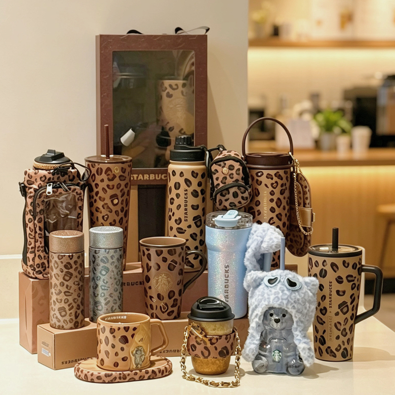 Starbucks Cup Leopard Print Coffee Ceramic Mug Stainless Steel Double Drinking Mouth Cup Thermos Cup Straw Straw Cup