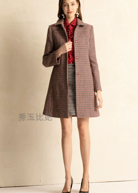 Ngực nặng khuyến nghị 18 mùa đông dày hai mặt len ​​houndstooth mỏng phần dài áo khoác len nữ