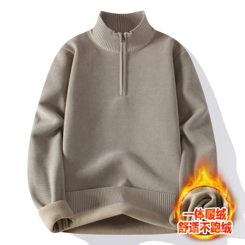Fansi Deng Integrated Fleece Warm Zipper Knit Sweater Men's Winter Pullover Base Layer Solid Color Simple Versatile