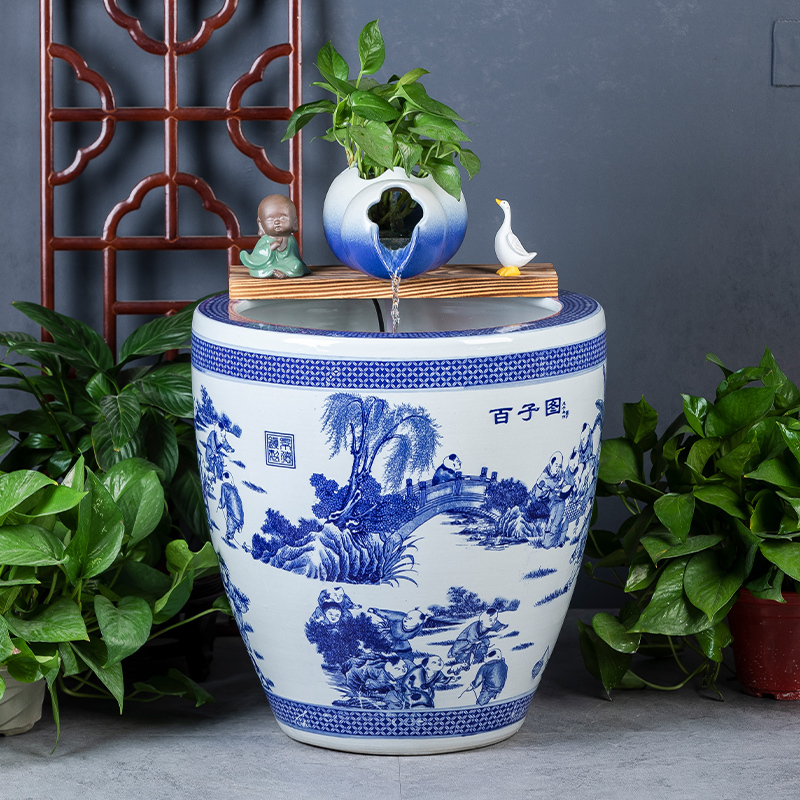 Large Ceramic Tank with Elevated Design for Living Room Balcony, Traditional Goldfish Tank, Clay Pot with Circulating Water for Landscaping, Vintage Water Tank