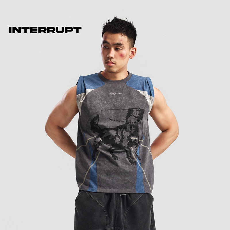 Interrupt5.0 Beast Transformation Patchwork Button Vest 300g Heavyweight Sports Mesh Patchwork Silk Screen Printing