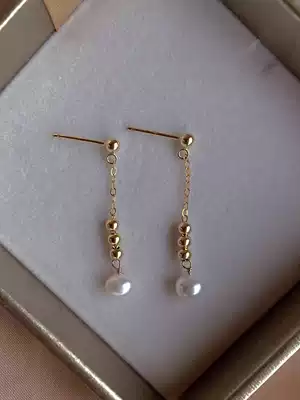 14K Golden Bean Pearl short earrings tassel water drop earrings female retro French niche design advanced ear ornaments